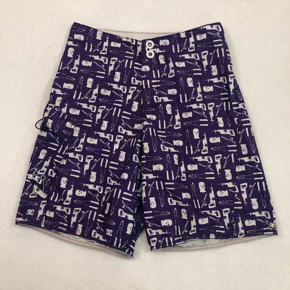 DC Shoes Skate Surf Purple White Snap Button Swim Trunks Board Shorts Mens 30.